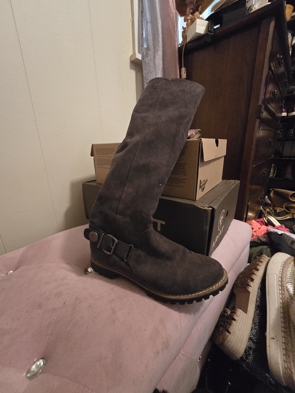 Tall Dark Brown Suede Riding Boot with Buckle